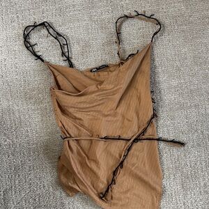 Zara Tan Wrap Shirt with Black Accents